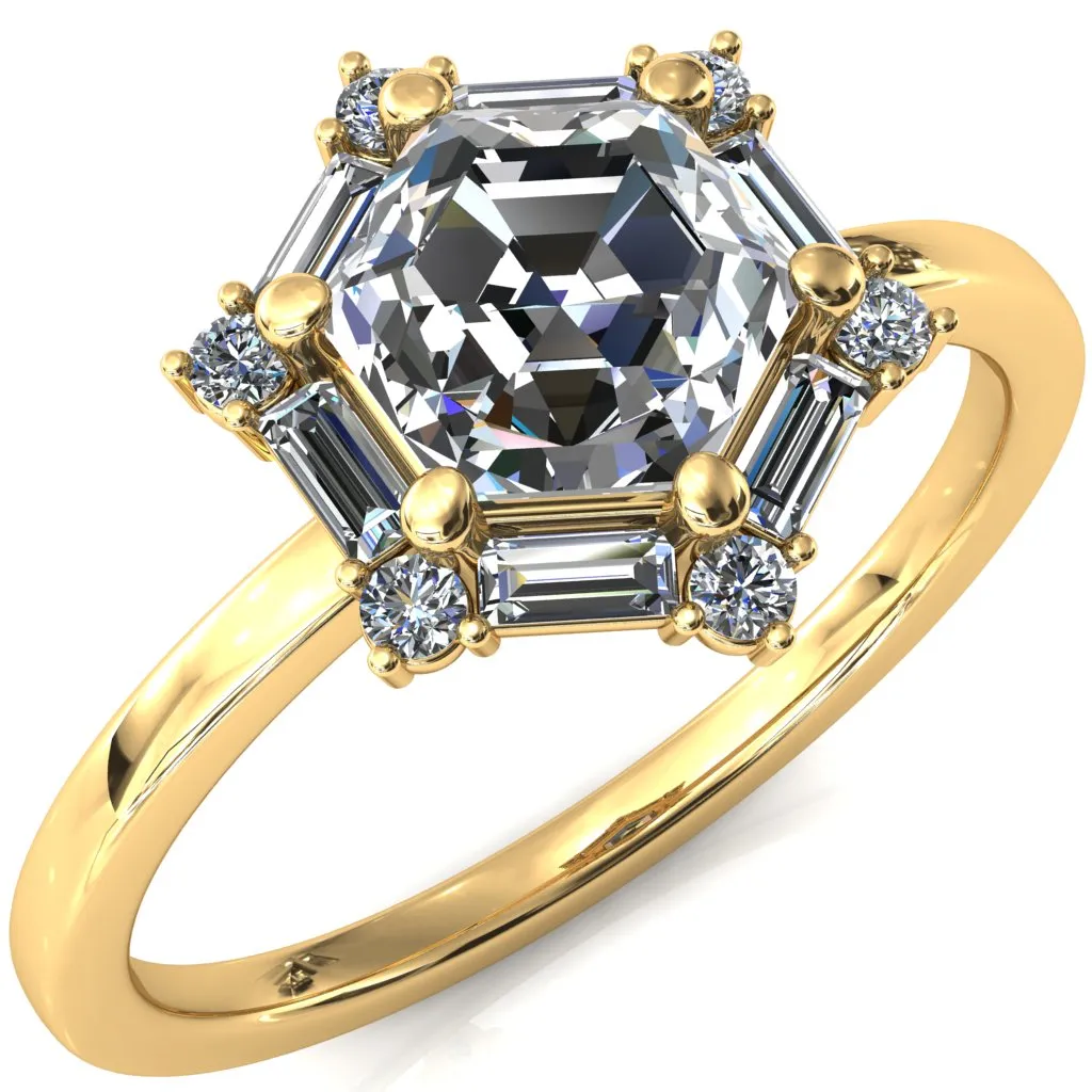 7.5mm Hexagon Center Baguette Moissanite Halo Ring