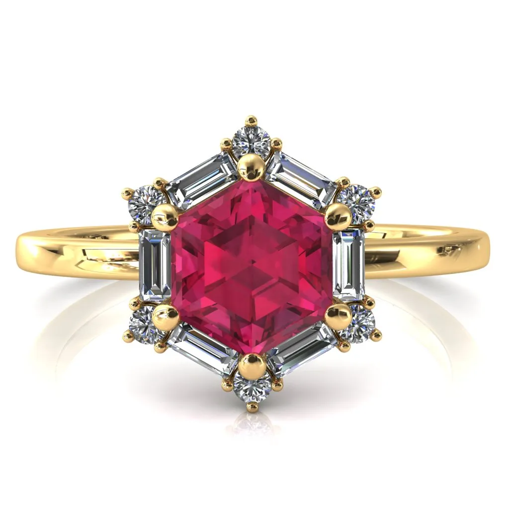 7.5mm Hexagon Center Baguette Moissanite Halo Ring