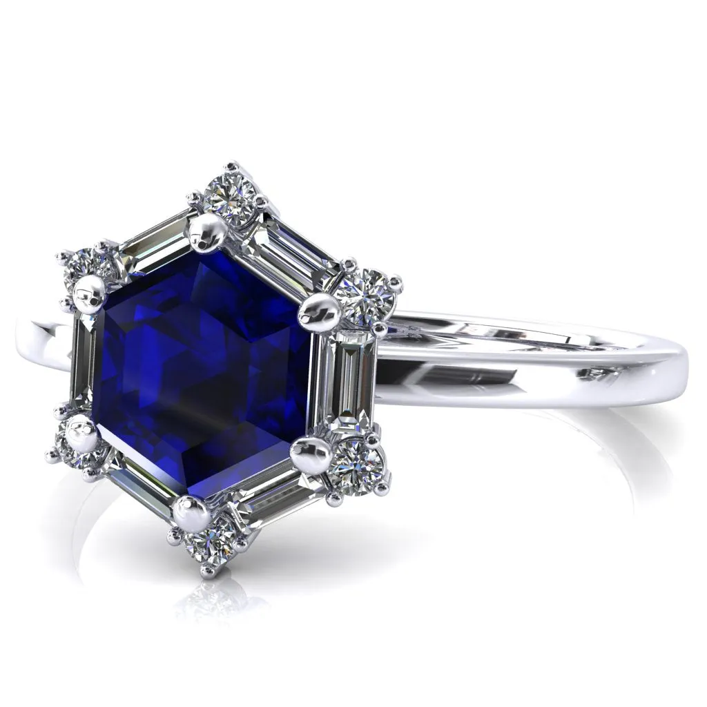 7.5mm Hexagon Center Baguette Moissanite Halo Ring