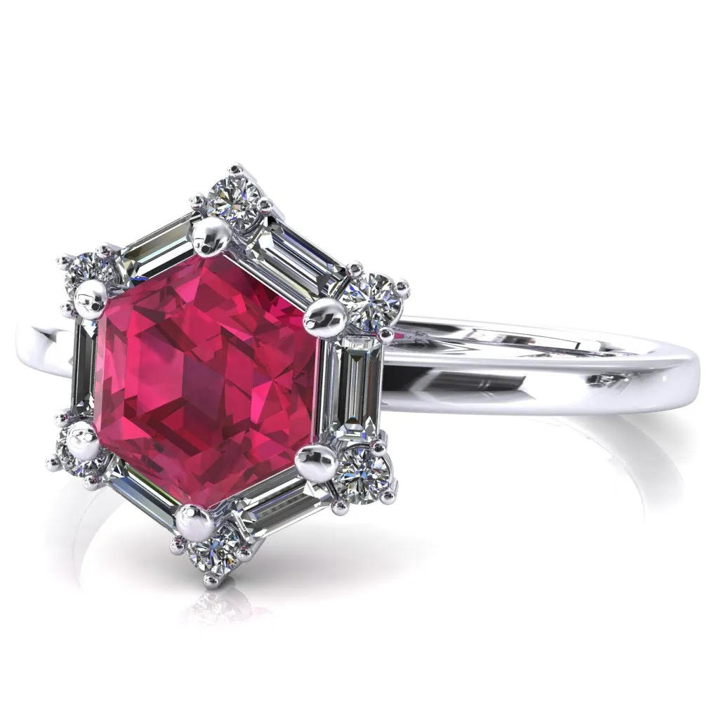 7.5mm Hexagon Center Baguette Moissanite Halo Ring