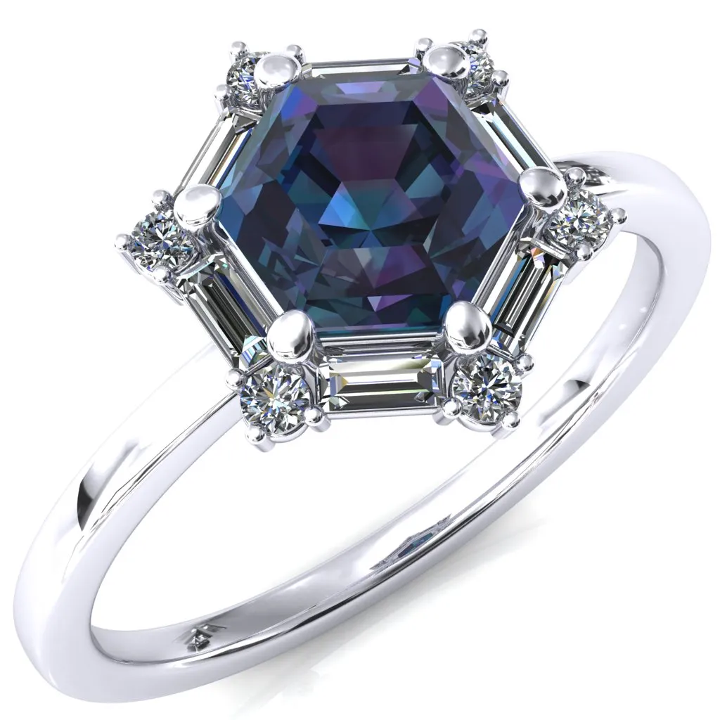 7.5mm Hexagon Center Baguette Moissanite Halo Ring