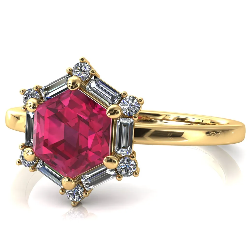 7.5mm Hexagon Center Baguette Moissanite Halo Ring