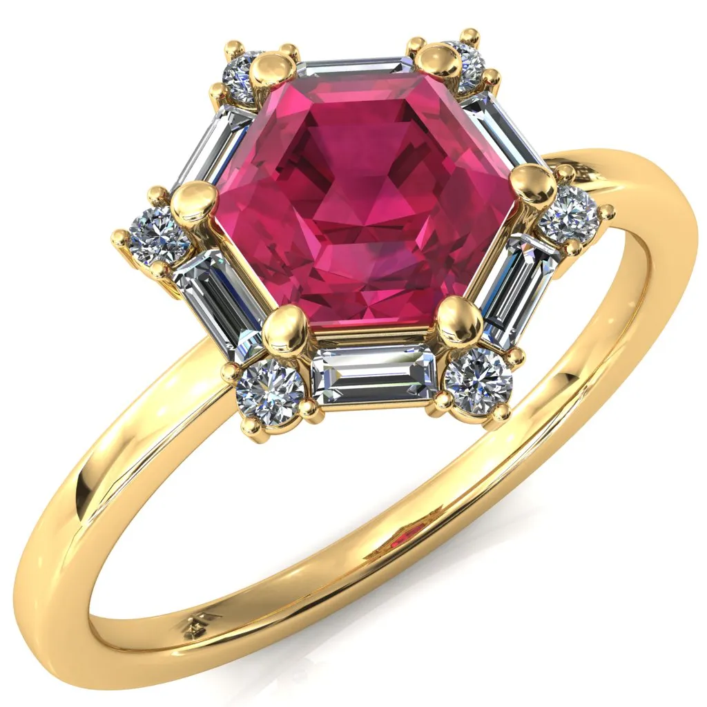 7.5mm Hexagon Center Baguette Moissanite Halo Ring