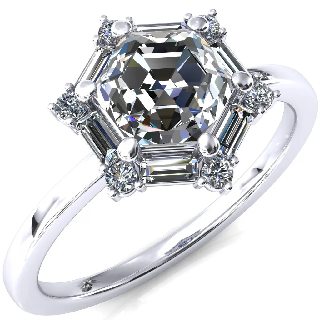 7.5mm Hexagon Center Baguette Moissanite Halo Ring