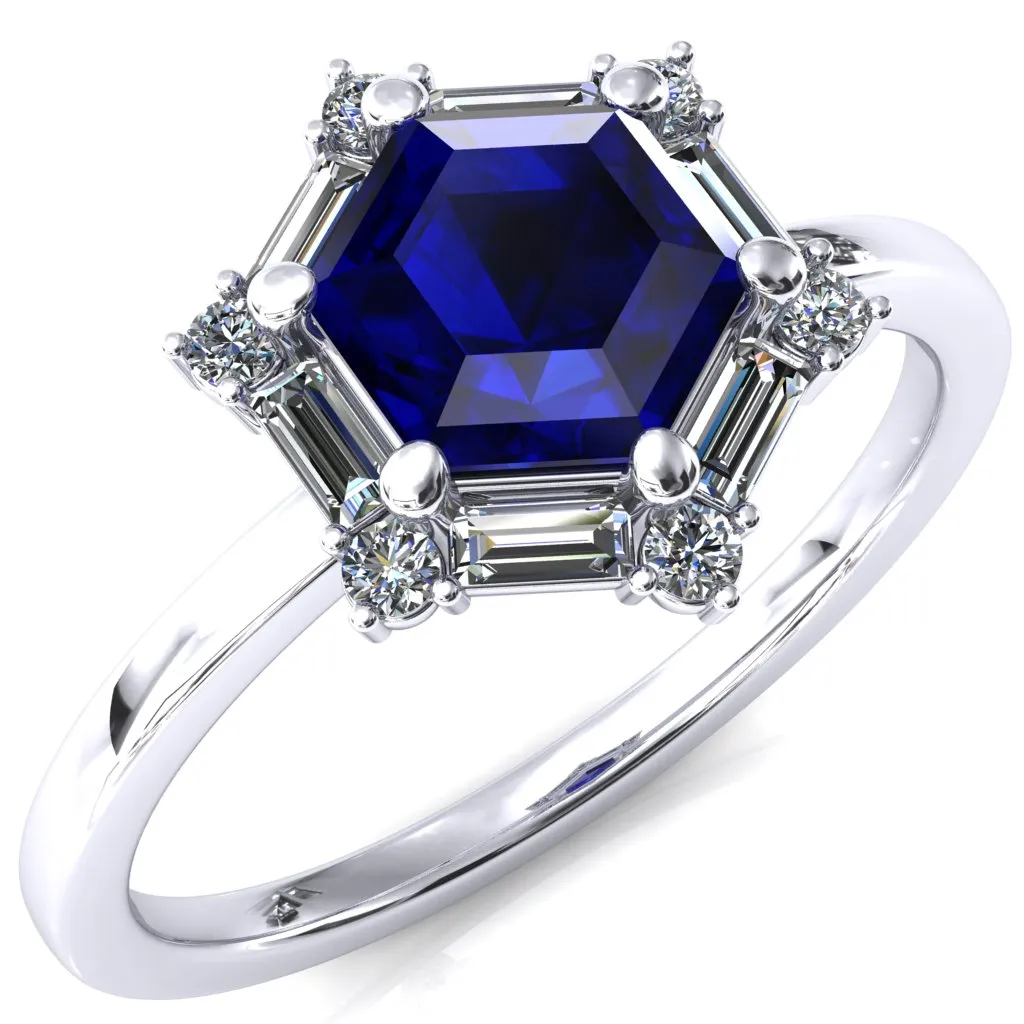 7.5mm Hexagon Center Baguette Moissanite Halo Ring