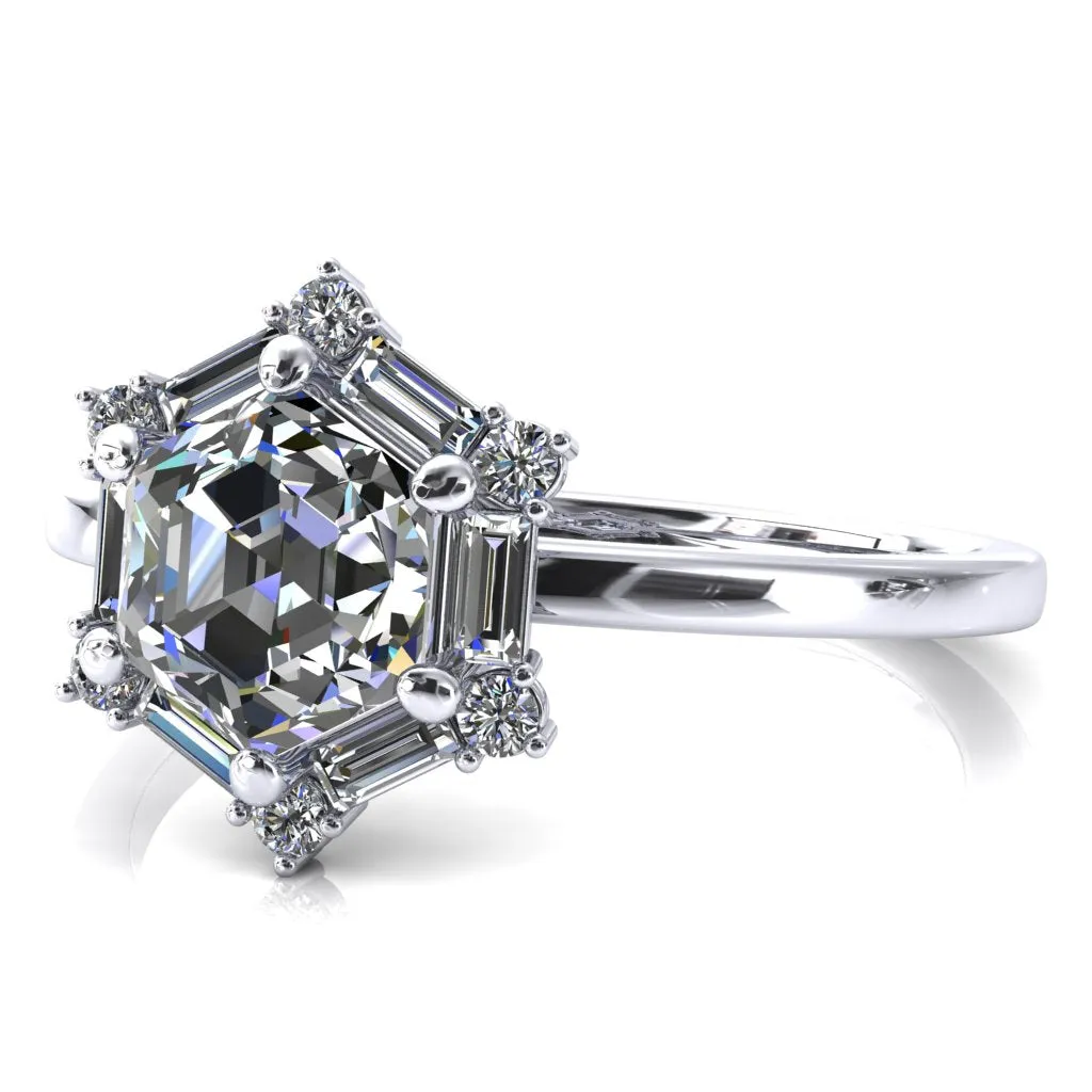 7.5mm Hexagon Center Baguette Moissanite Halo Ring
