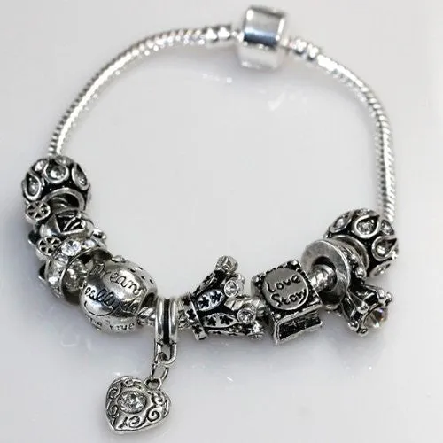 7" Love Story Charm Bracelet Pandora Style, Snake chain bracelet and charms as pictured