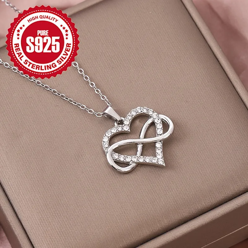 925 Silver Infinity Heart Pendant Necklace Zirconia Plated Hypoallergenic