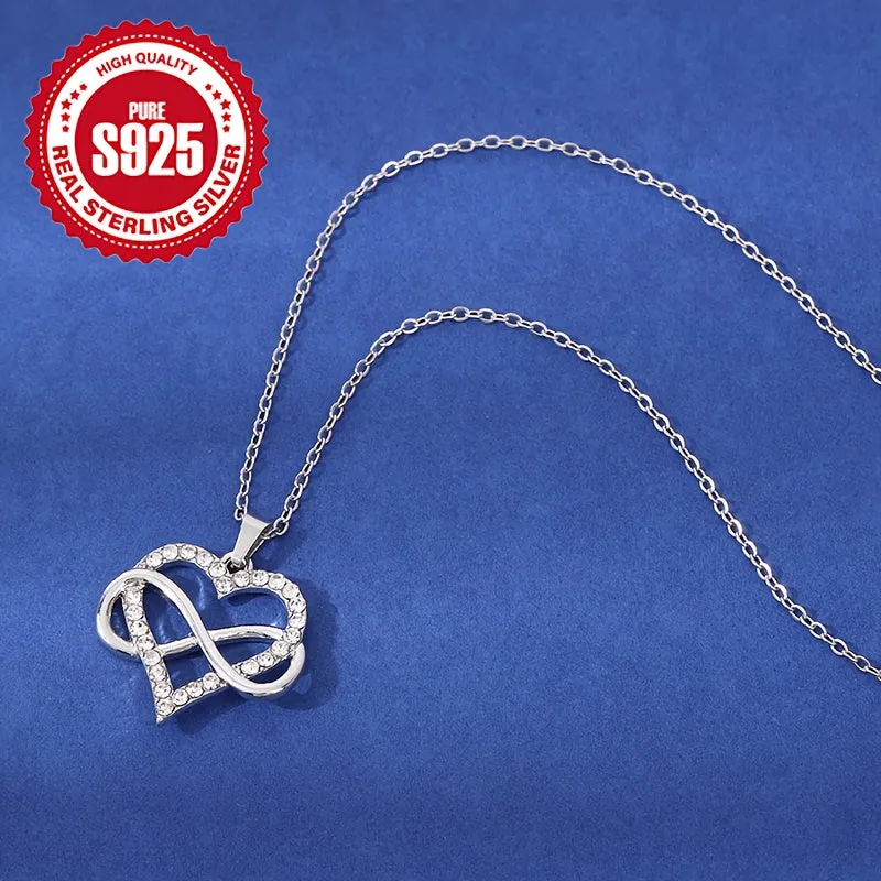 925 Silver Infinity Heart Pendant Necklace Zirconia Plated Hypoallergenic
