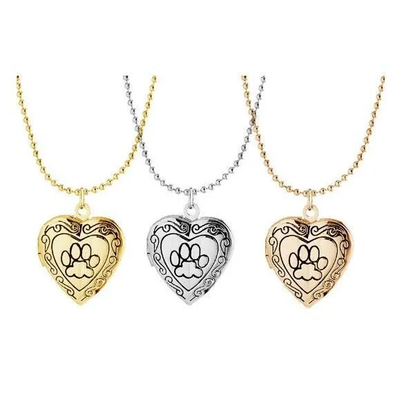 Adorable Engraved Paw Heart Locket Pendant Necklaces