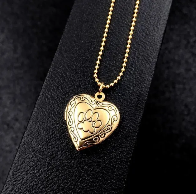 Adorable Engraved Paw Heart Locket Pendant Necklaces