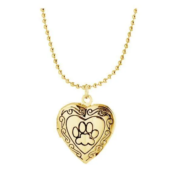 Adorable Engraved Paw Heart Locket Pendant Necklaces