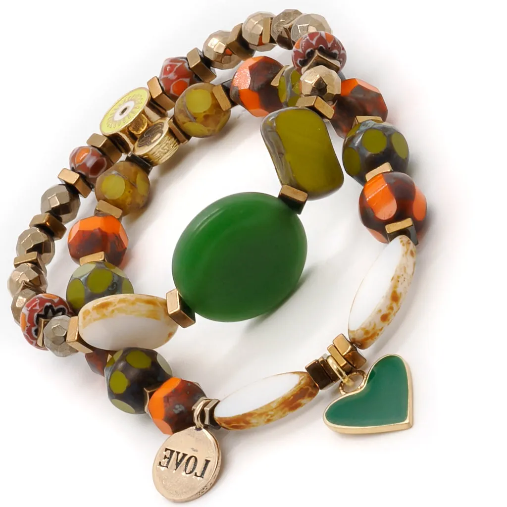 African & Gold Hematite Stone Green Heart Love Beaded Bracelet Set