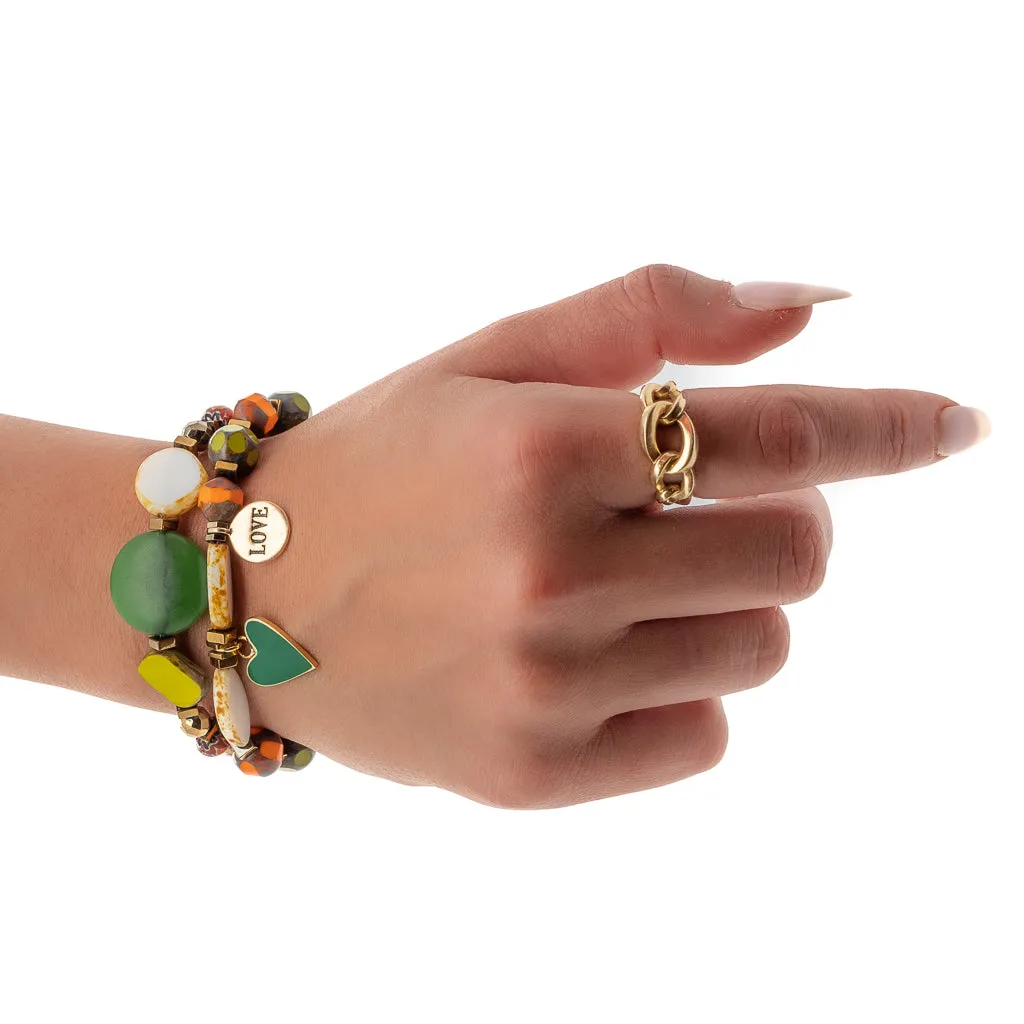 African & Gold Hematite Stone Green Heart Love Beaded Bracelet Set