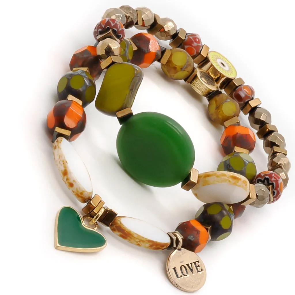 African & Gold Hematite Stone Green Heart Love Beaded Bracelet Set
