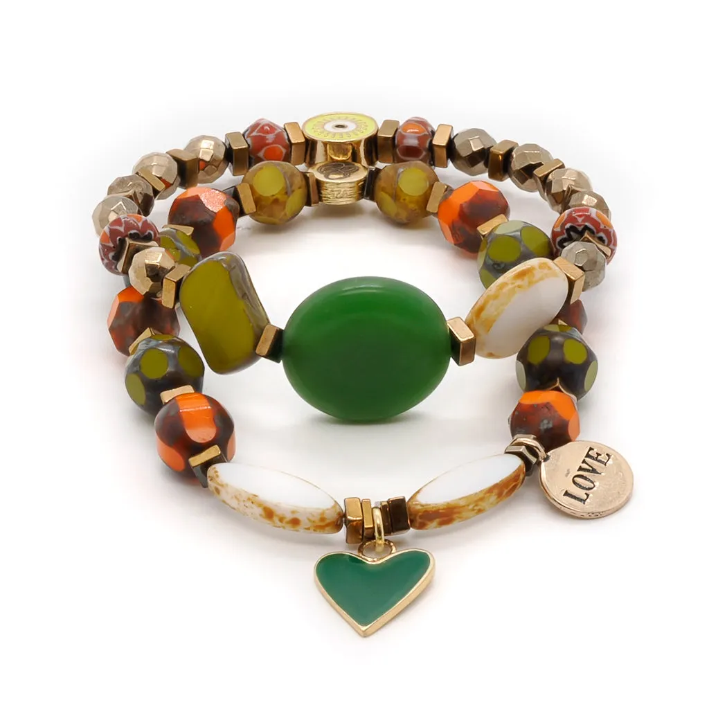 African & Gold Hematite Stone Green Heart Love Beaded Bracelet Set