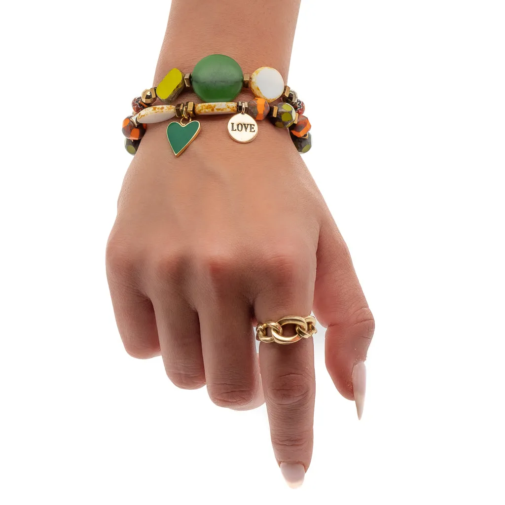 African & Gold Hematite Stone Green Heart Love Beaded Bracelet Set