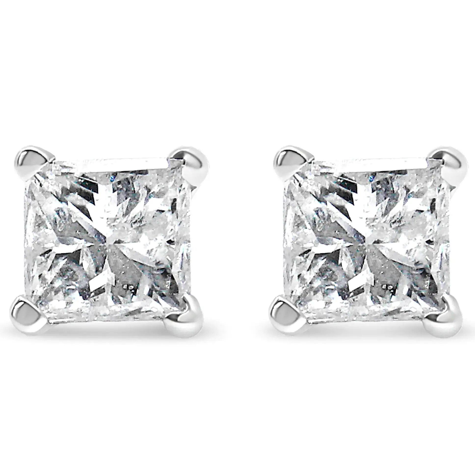 AGS Certified Princess-Cut Square Diamond 4-Prong Solitaire Stud Earrings in 14K Gold (N-O Color, I1-I2 Clarity)
