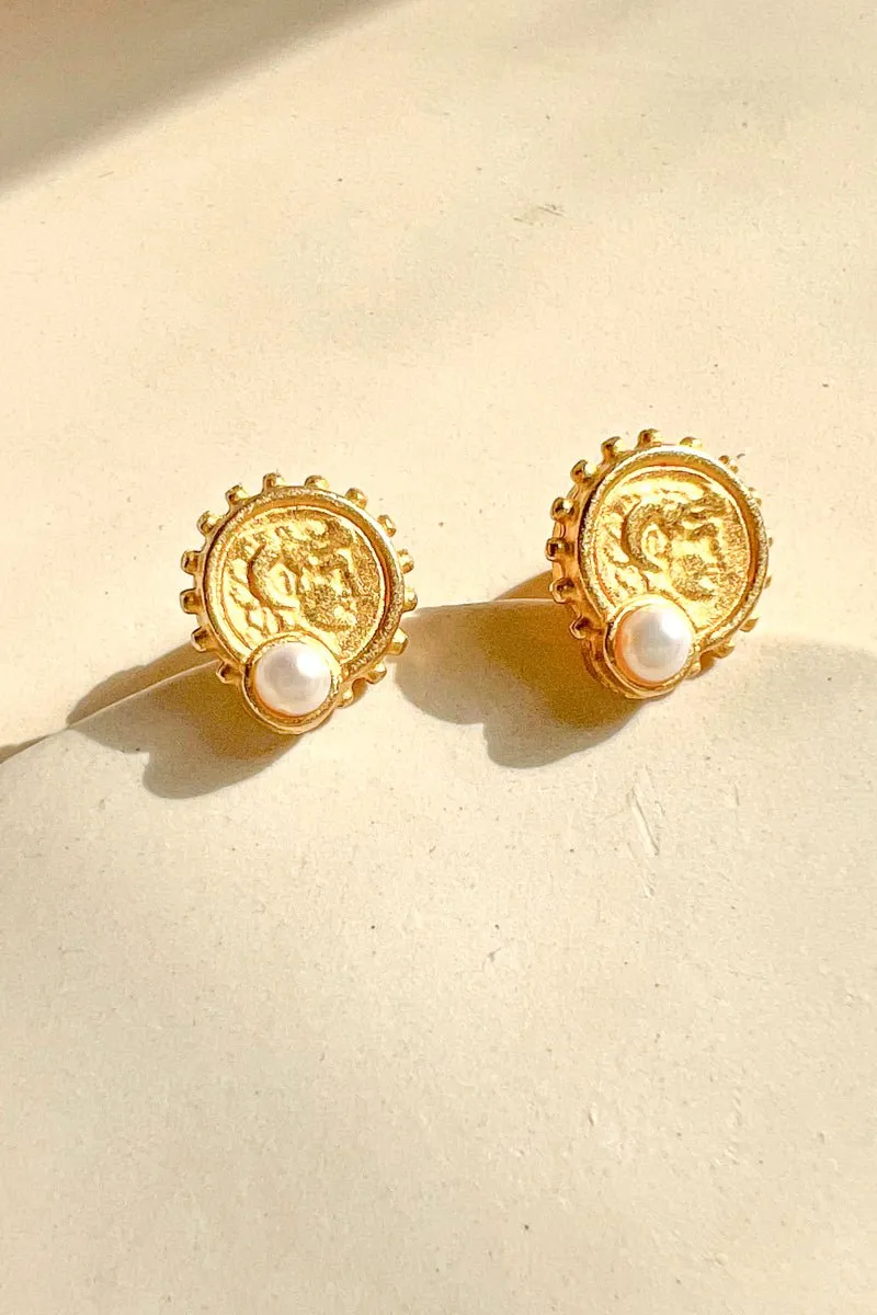 Alexander the Great coin pearl stud earrings