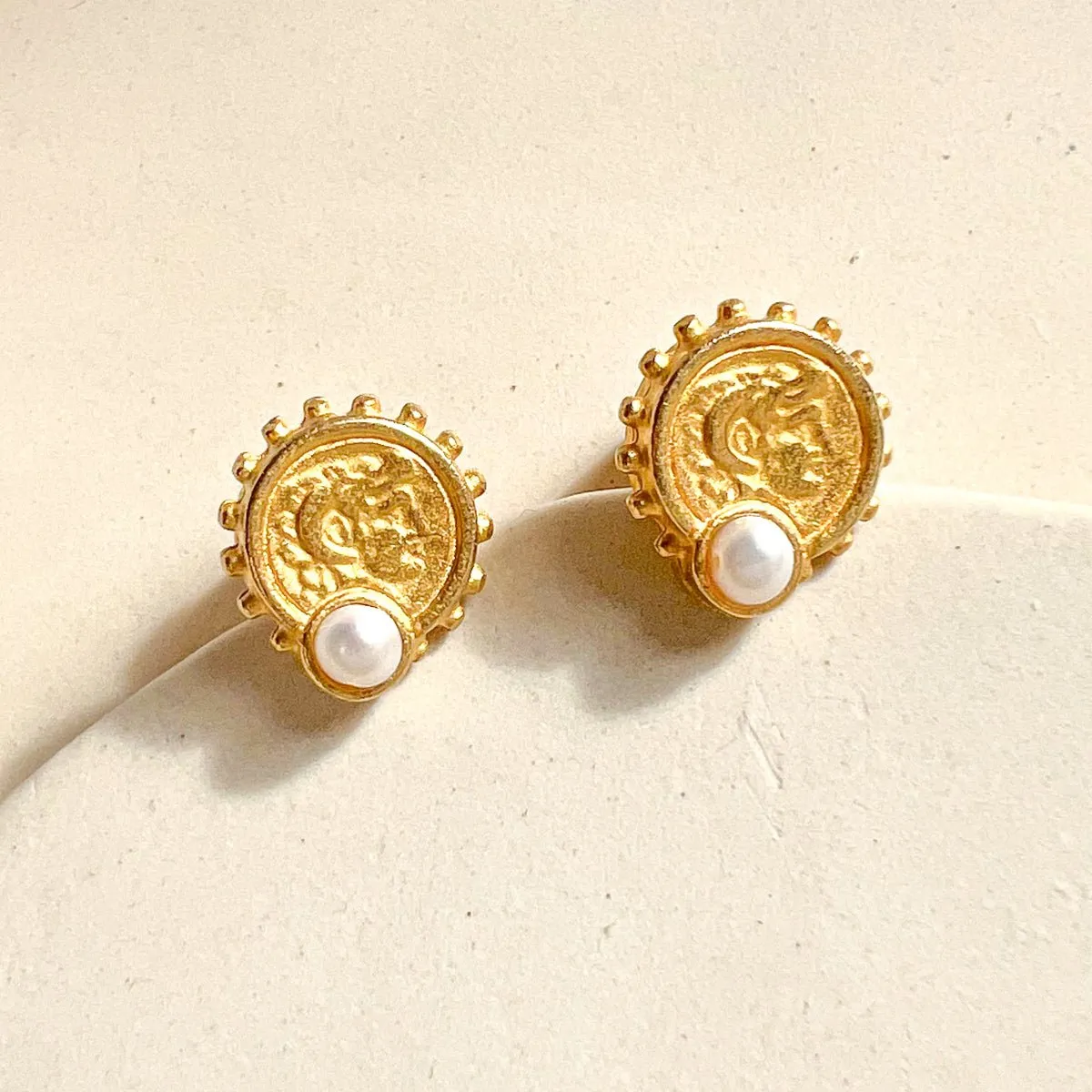 Alexander the Great coin pearl stud earrings