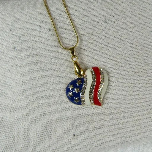 American Flag Heart Charm Pendant Necklace Gold