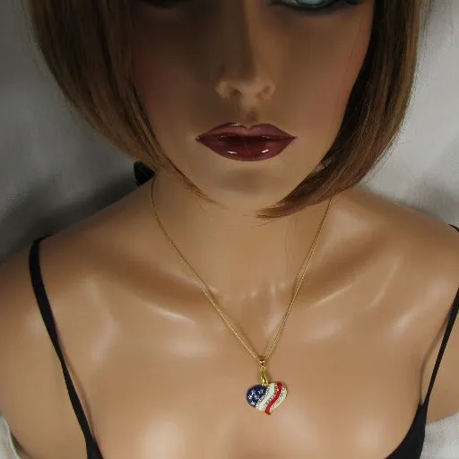 American Flag Heart Charm Pendant Necklace Gold