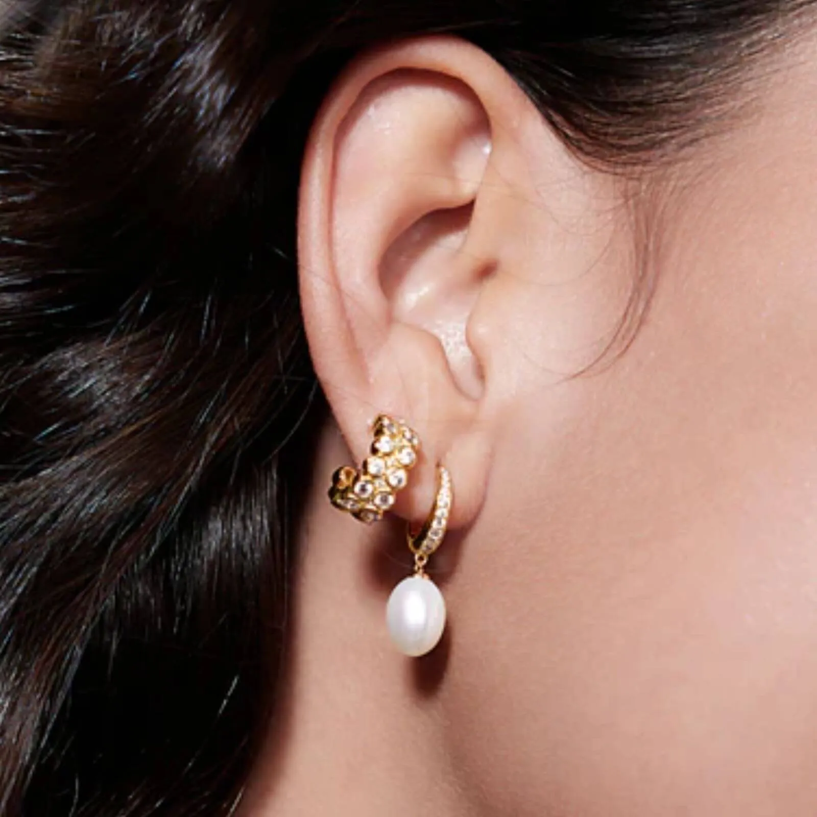 Ania Haie Chic Creator Gold Freshwater Pearl & Zirconia Pave Drop Huggie Earrings