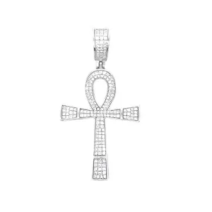 Ankh Cross Iced Out Sterling 925 Silver 1.75" Pendant Charm - C418349