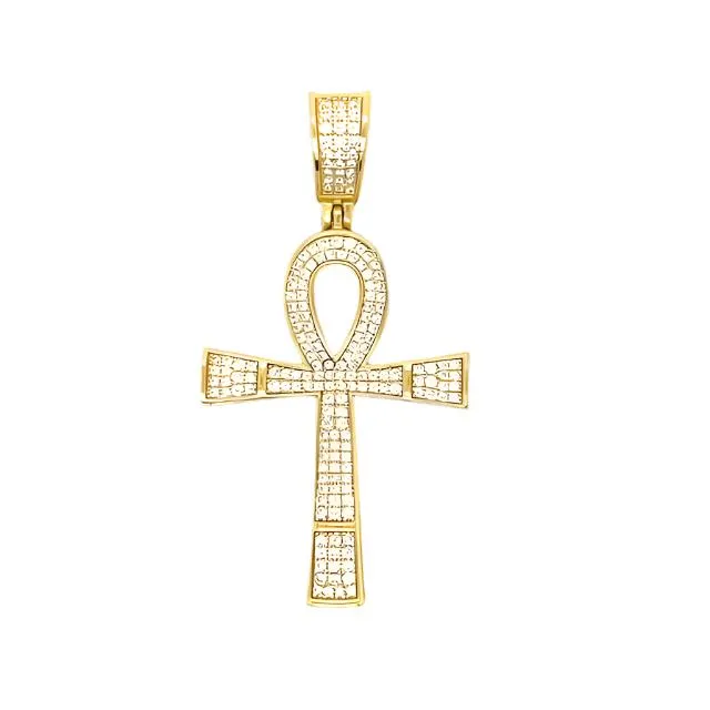 Ankh Cross Iced Out Sterling 925 Silver 1.75" Pendant Charm - C418349