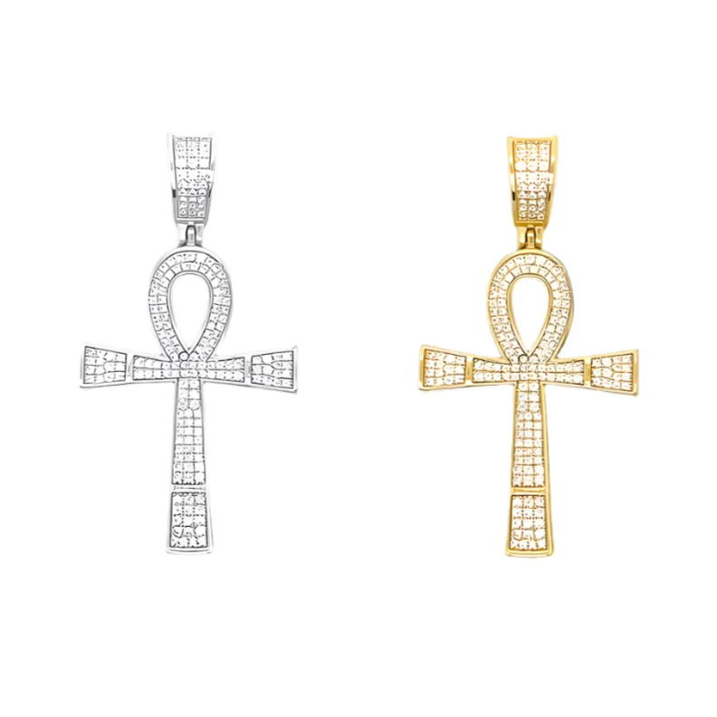 Ankh Cross Iced Out Sterling 925 Silver 1.75" Pendant Charm - C418349