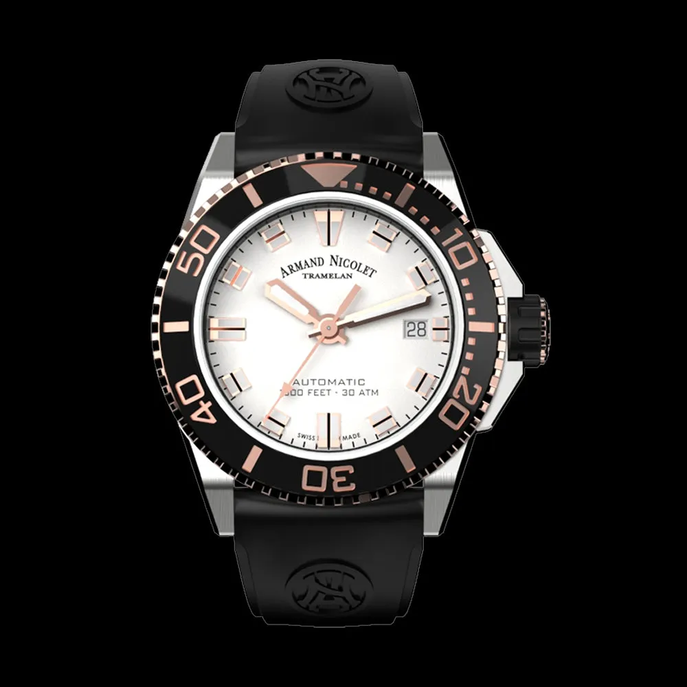 ARMAND NICOLET JS9-41 MEN'S AUTOMATIC BLACK STRAP SILVER DIAL WATCH
