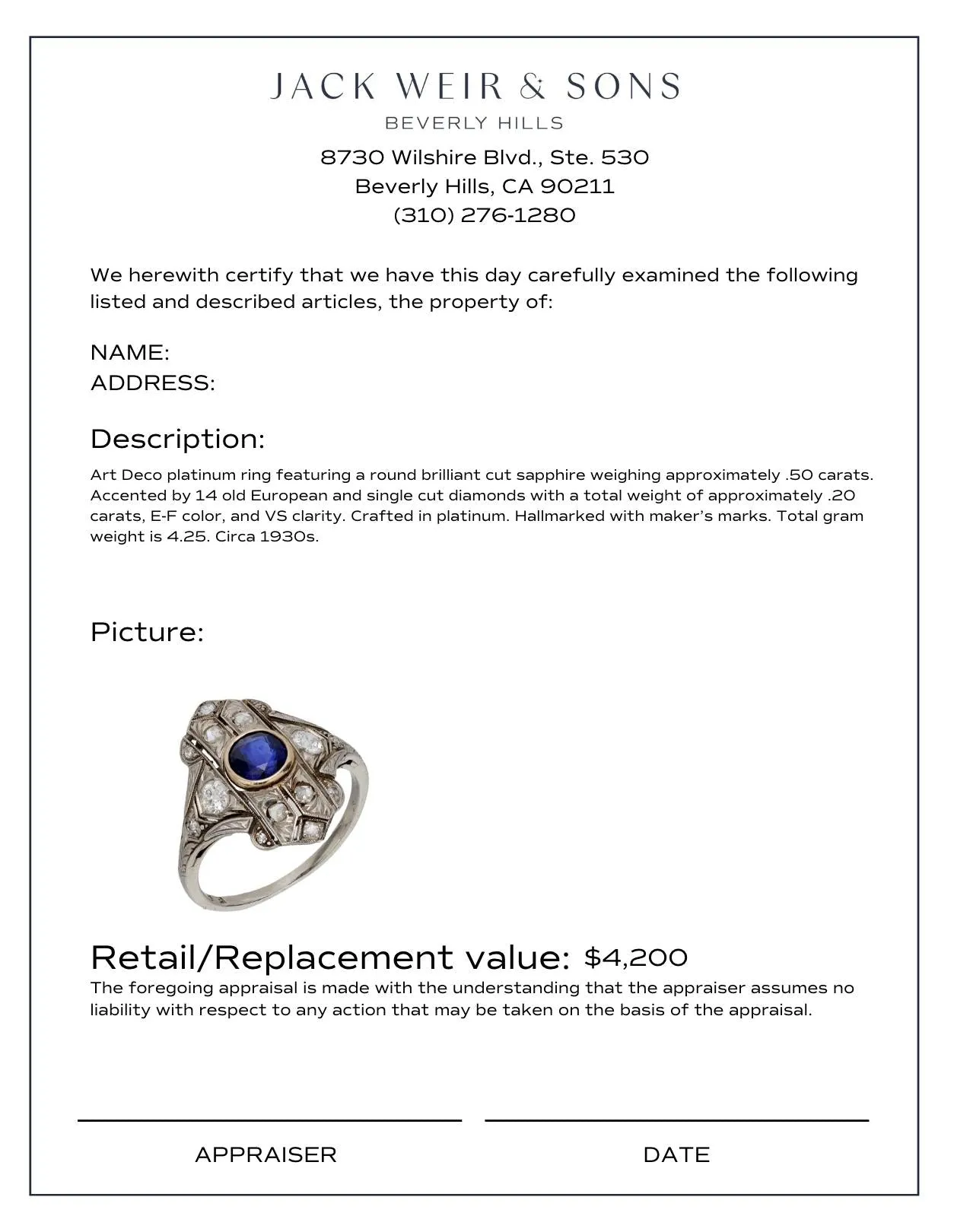 Art Deco sapphire diamond platinum ring