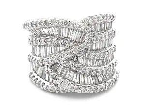 Baguette and Round Diamond Saddle Criss Cross Ring in 18k White Gold