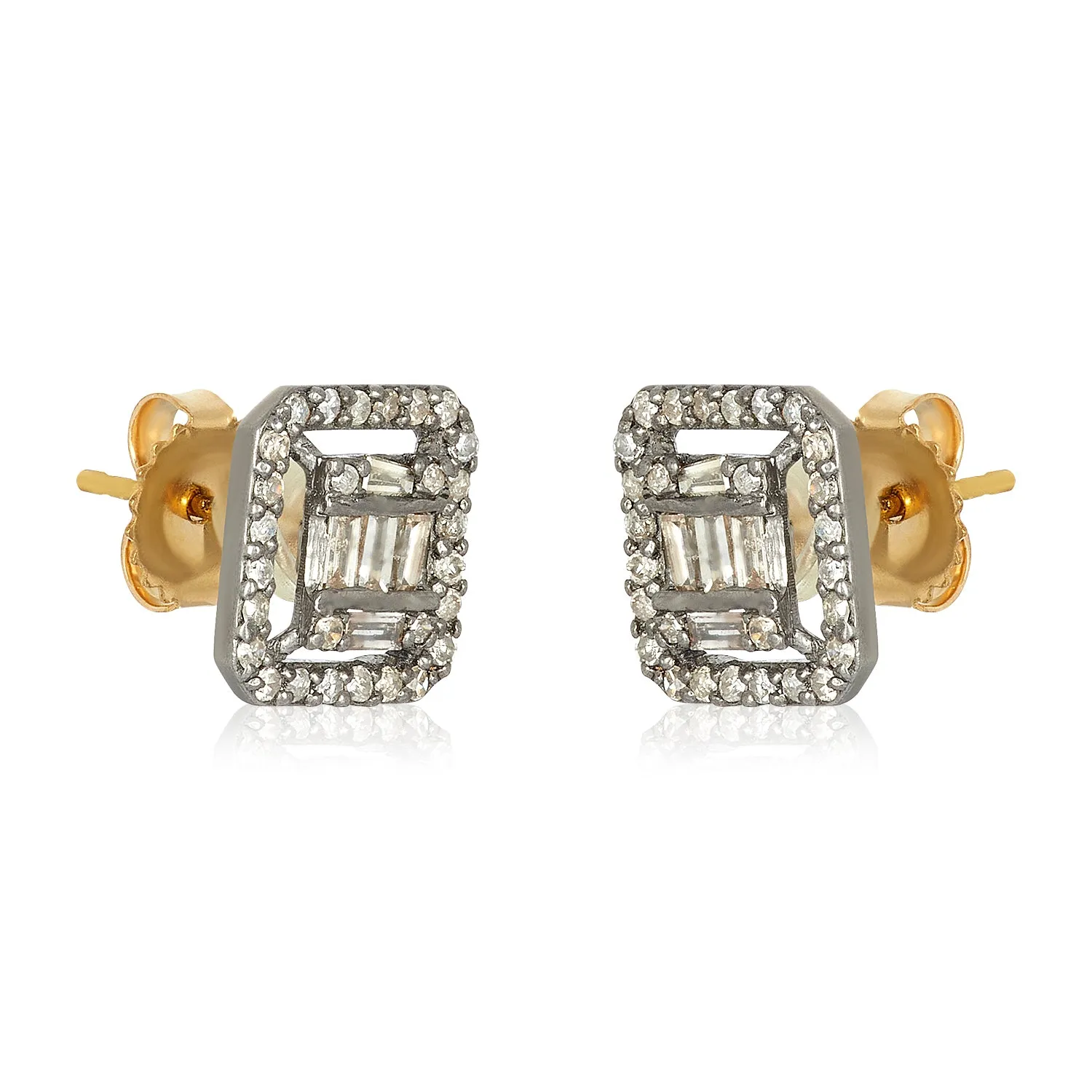 Baguette Diamond Silver Frame Studs Earrings