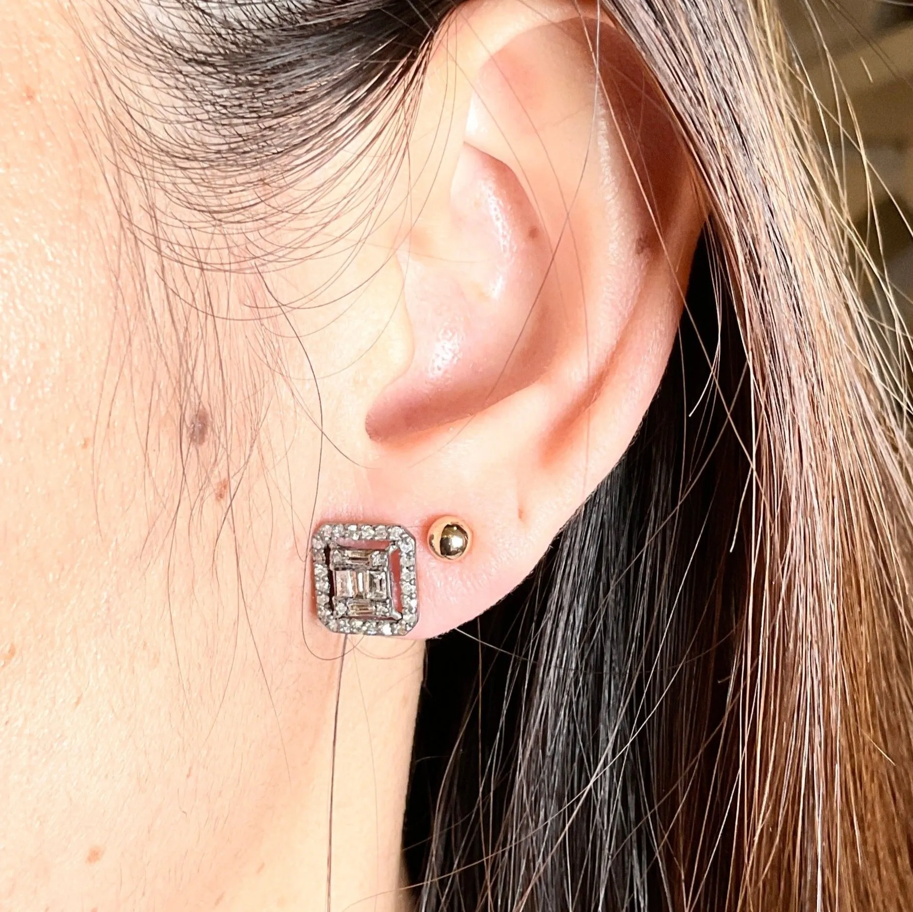 Baguette Diamond Silver Frame Studs Earrings