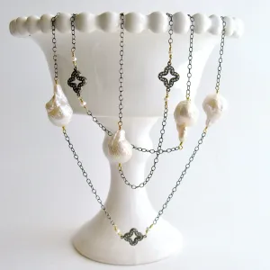 Baroque Flameball Pearls Pave Quatrefoil Stations Long Necklace - Felice Necklace