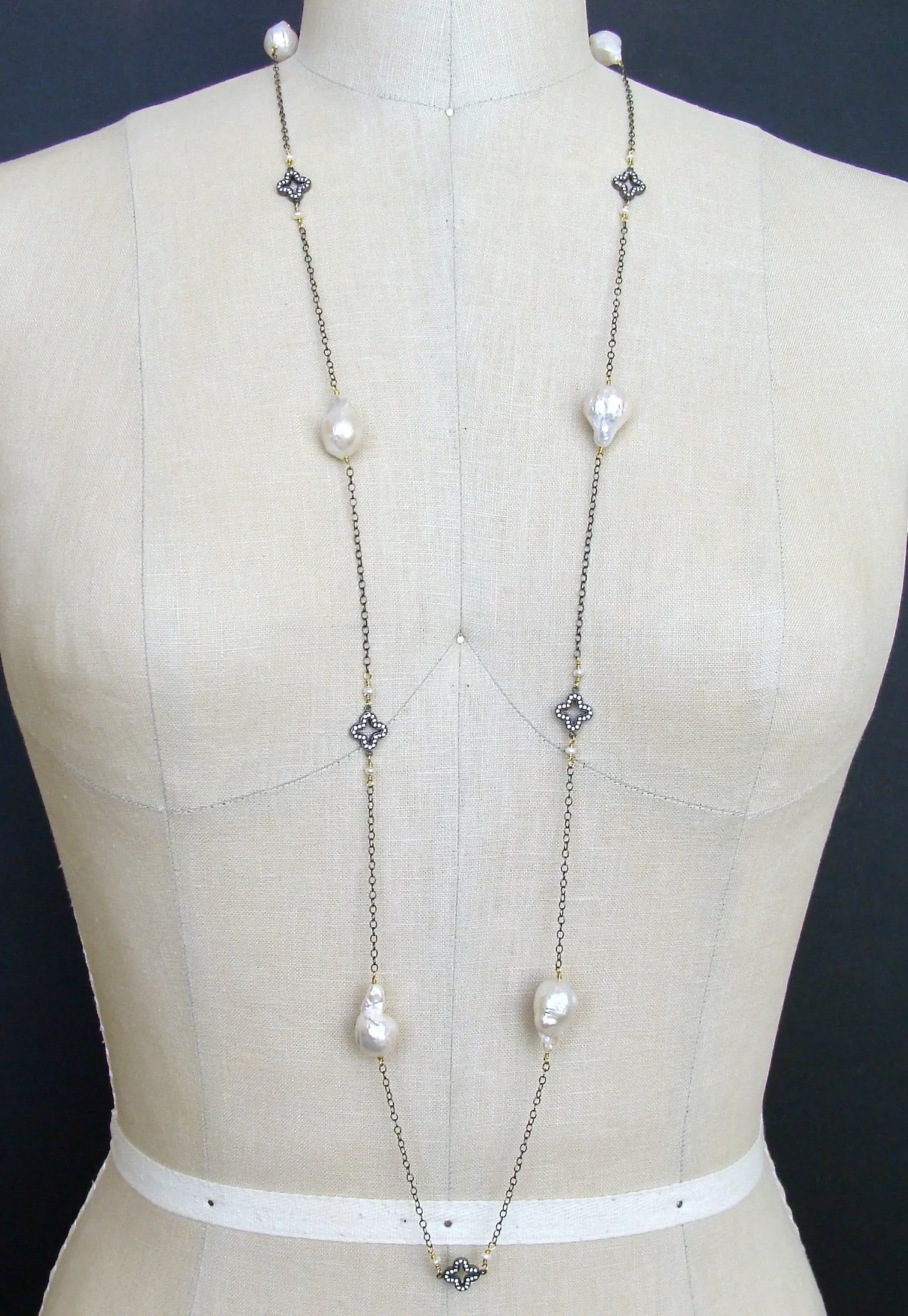 Baroque Flameball Pearls Pave Quatrefoil Stations Long Necklace - Felice Necklace