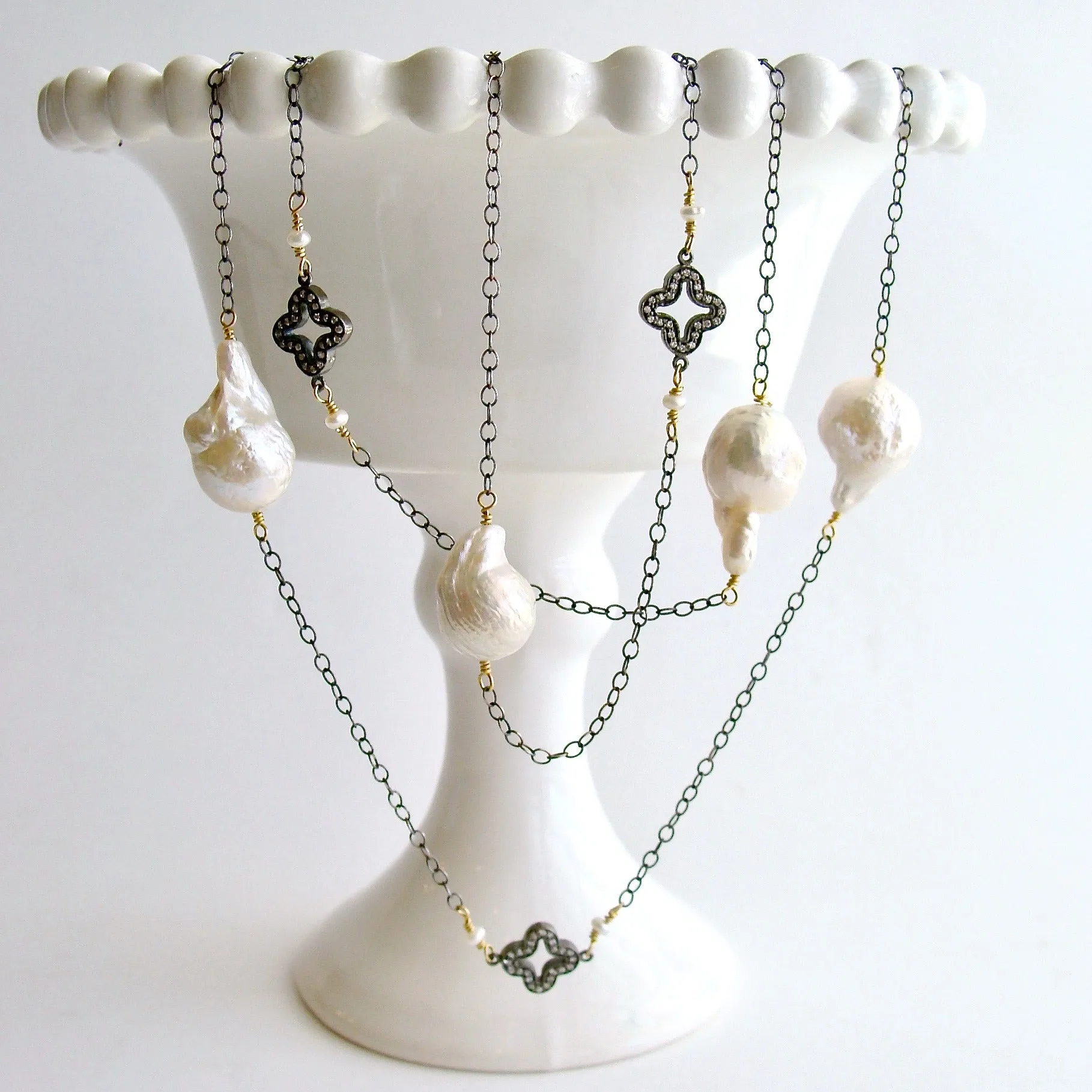 Baroque Flameball Pearls Pave Quatrefoil Stations Long Necklace - Felice Necklace