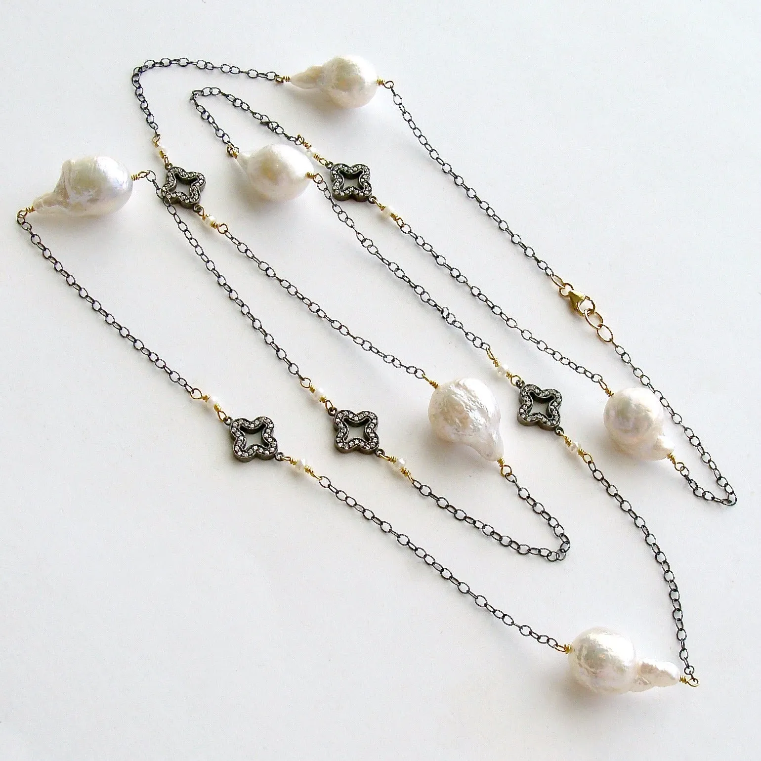 Baroque Flameball Pearls Pave Quatrefoil Stations Long Necklace - Felice Necklace