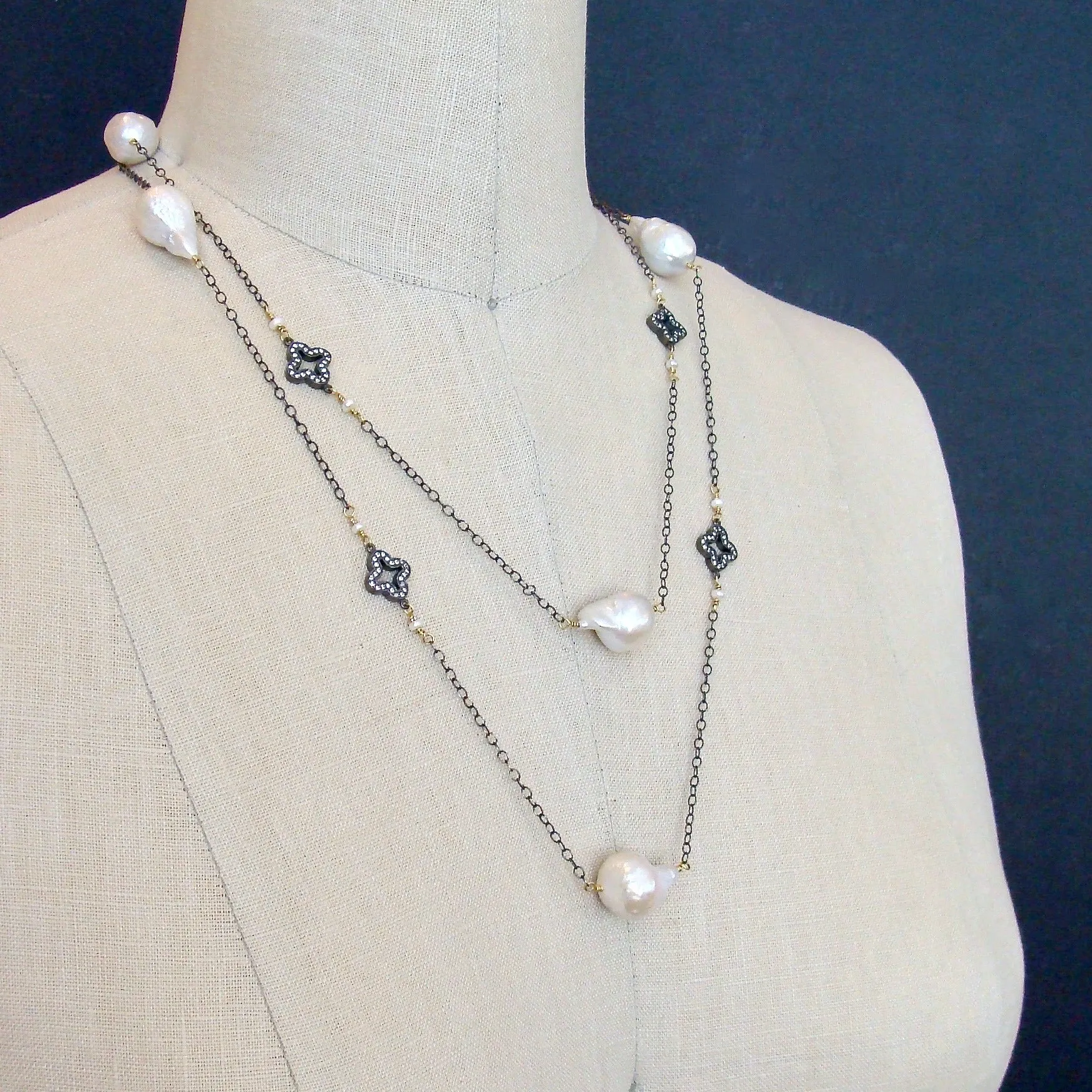 Baroque Flameball Pearls Pave Quatrefoil Stations Long Necklace - Felice Necklace