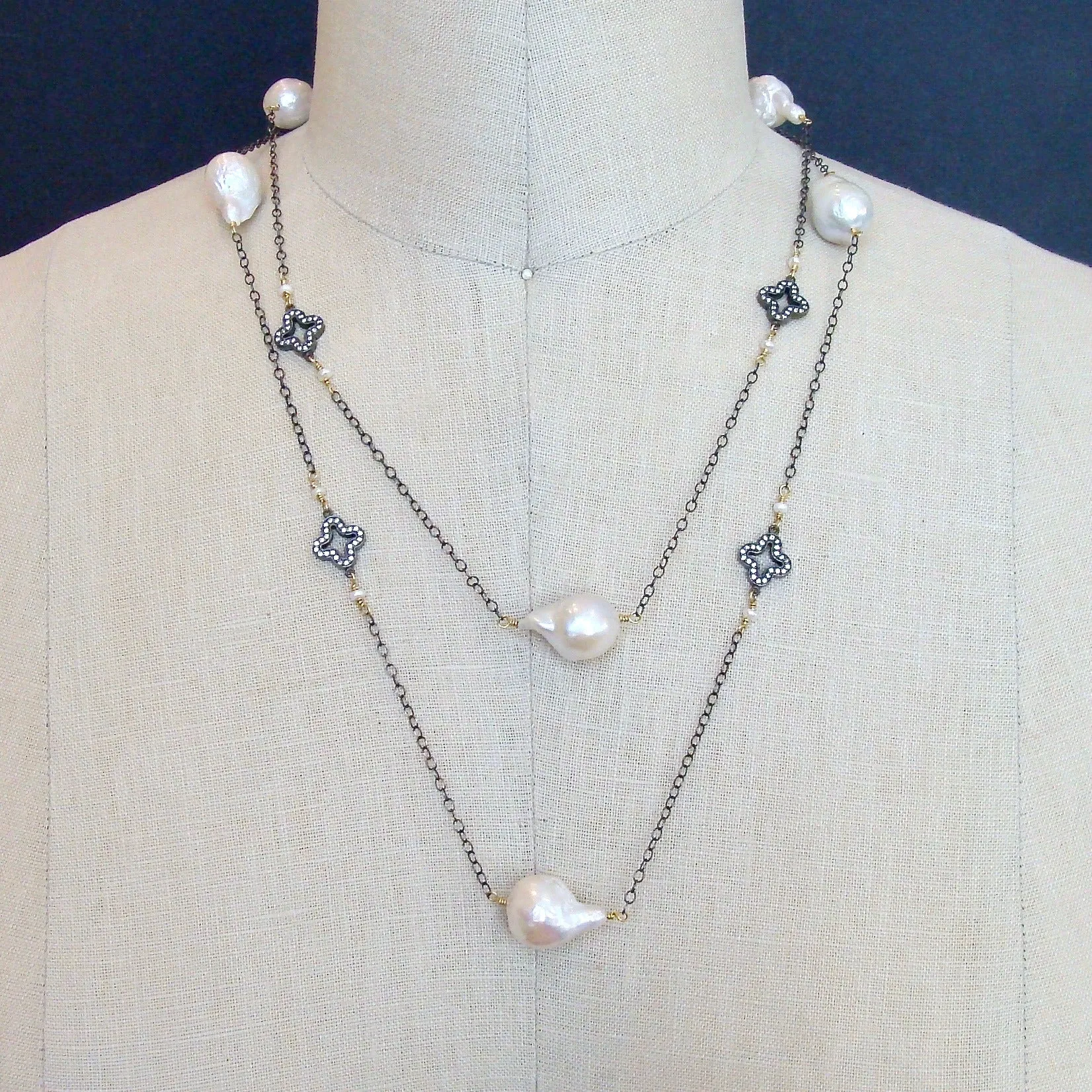 Baroque Flameball Pearls Pave Quatrefoil Stations Long Necklace - Felice Necklace
