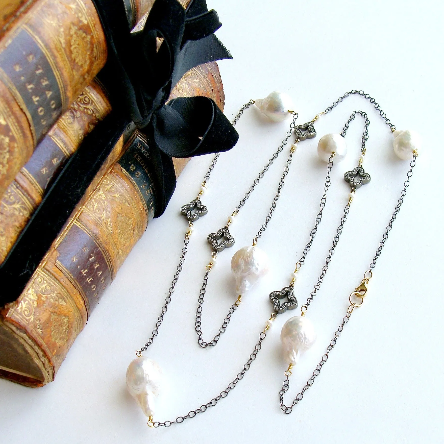 Baroque Flameball Pearls Pave Quatrefoil Stations Long Necklace - Felice Necklace
