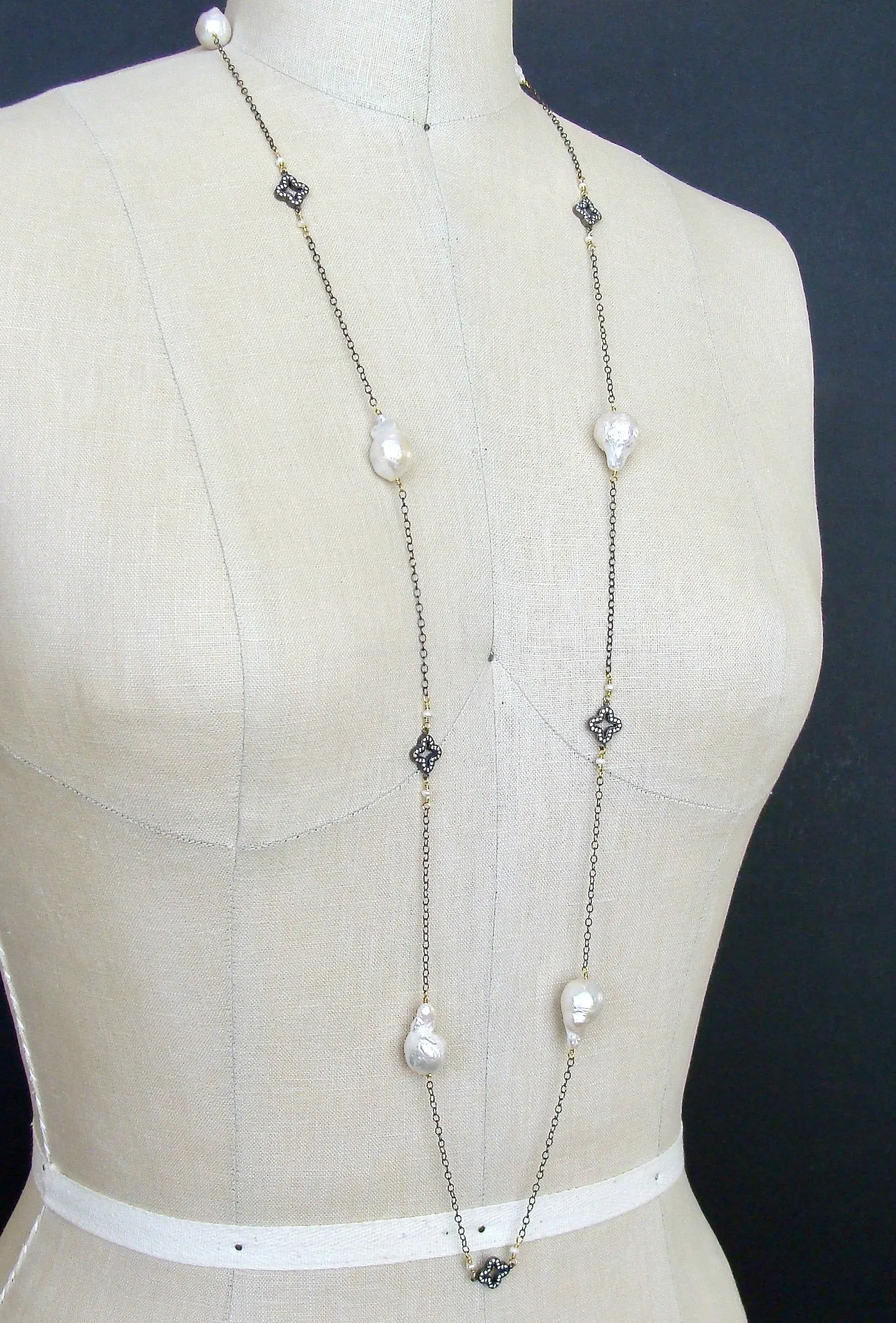 Baroque Flameball Pearls Pave Quatrefoil Stations Long Necklace - Felice Necklace