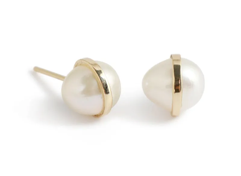 Bezel Wrapped Pearl Stud Earrings