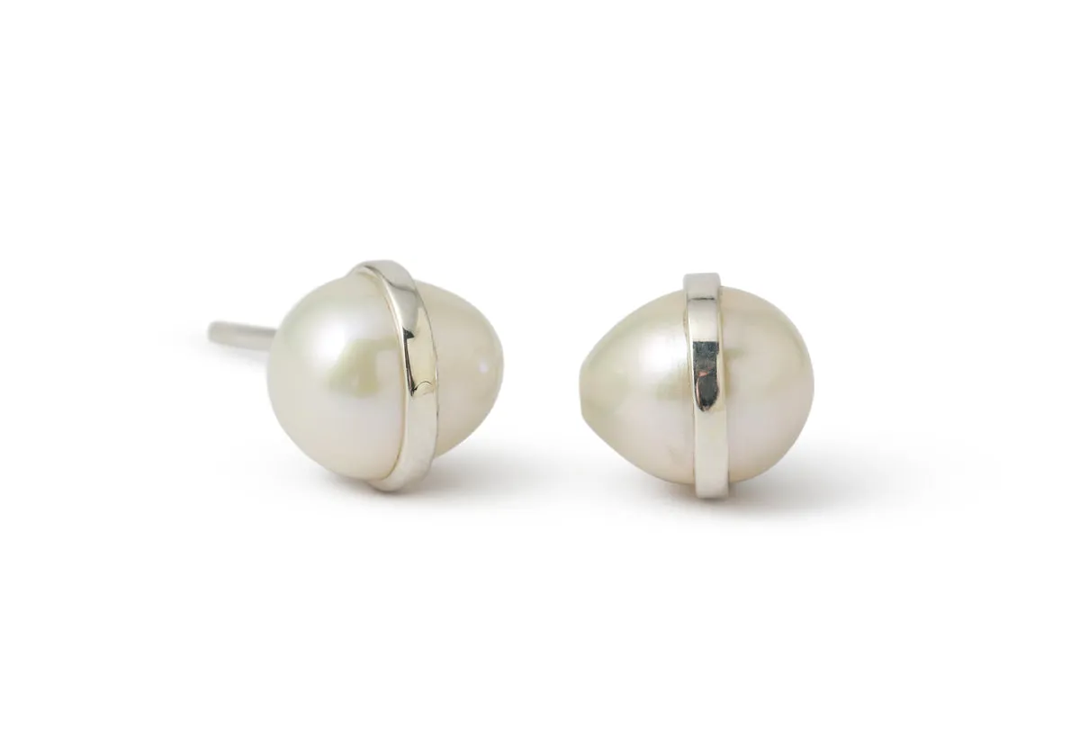 Bezel Wrapped Pearl Stud Earrings