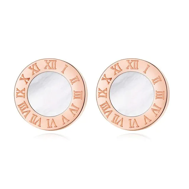 BG Mother of Pearl Roman Numerals Stud Earrings Stainless Steel #C-021