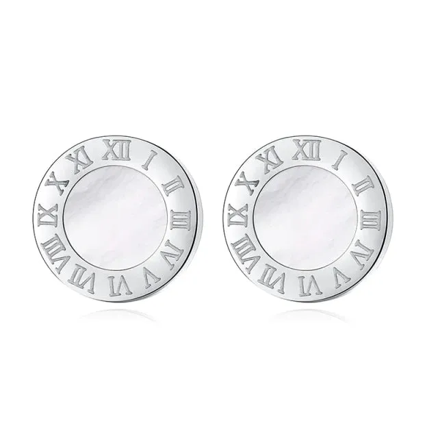 BG Mother of Pearl Roman Numerals Stud Earrings Stainless Steel #C-021