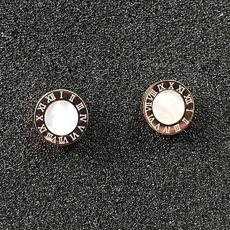 BG Mother of Pearl Roman Numerals Stud Earrings Stainless Steel #C-021