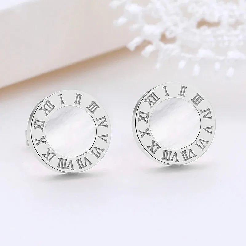 BG Mother of Pearl Roman Numerals Stud Earrings Stainless Steel #C-021