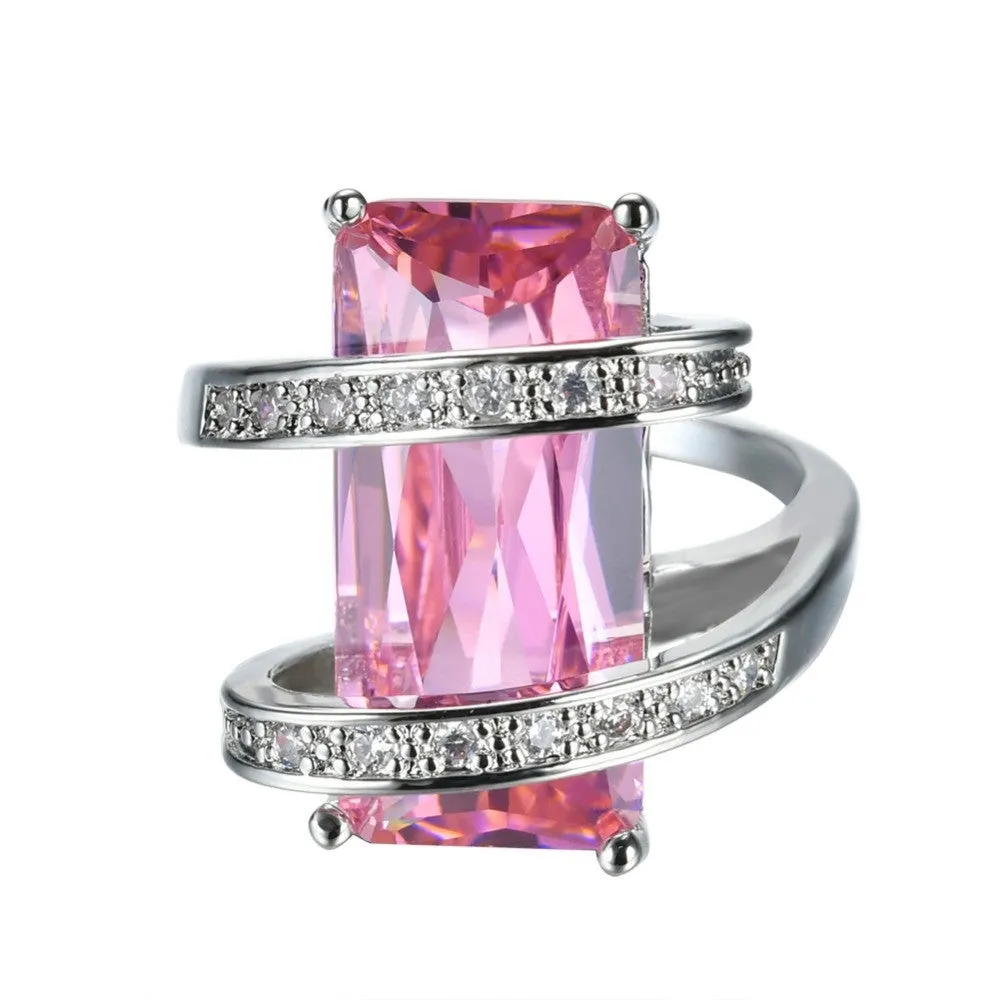 Big Geometric Female Ring Cute Princess Cut Pink Ring New Fashion White Gold Filled Jewelry Promise Engagement Ring